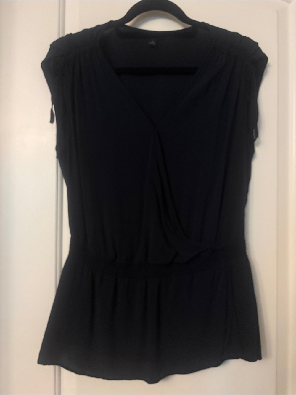 Navy V-Neck Gathered Sleeve Blouse with Elastic Waist